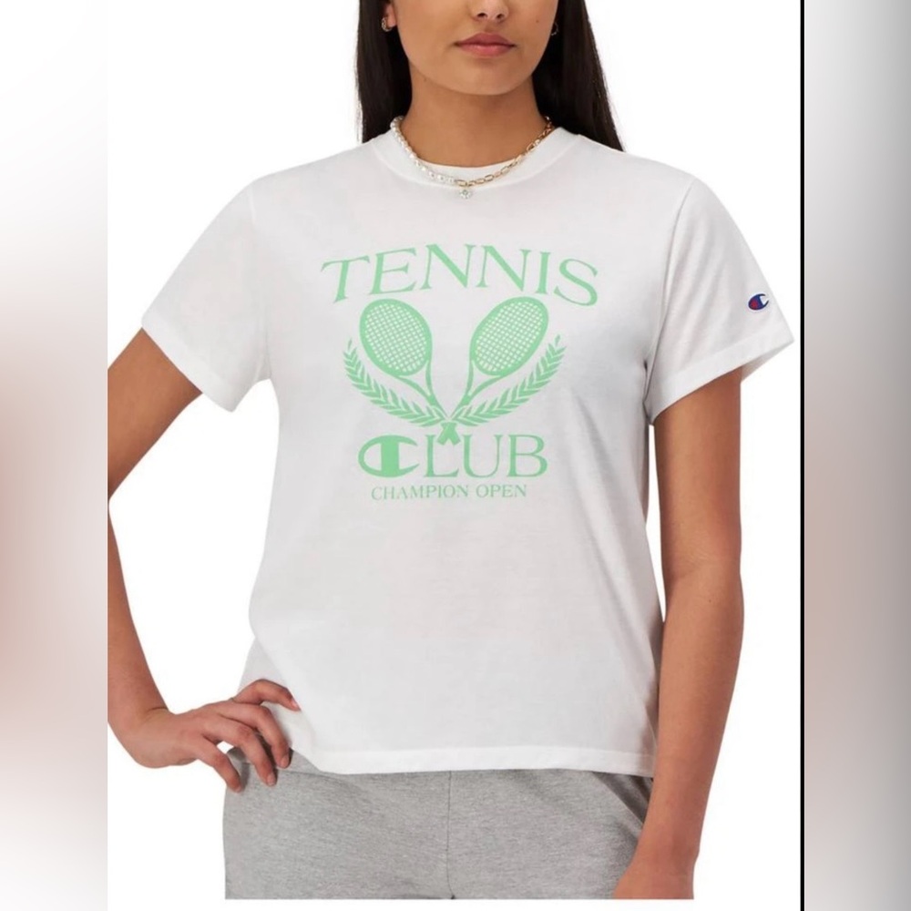 Champion White Tee with Green Tennis Graphic